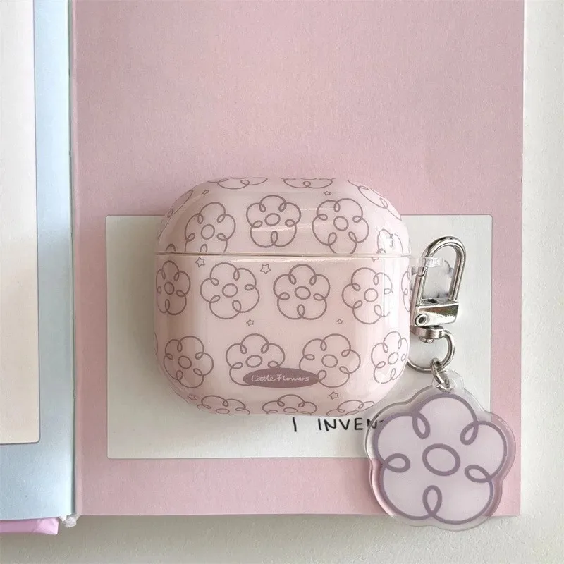 Cute Pink Line Flower Case For Airpods 1 2 3 4 Airpods Pro2 Pro3 Wireless Bluetooth Protection Cover Shell with Floral Pendant
