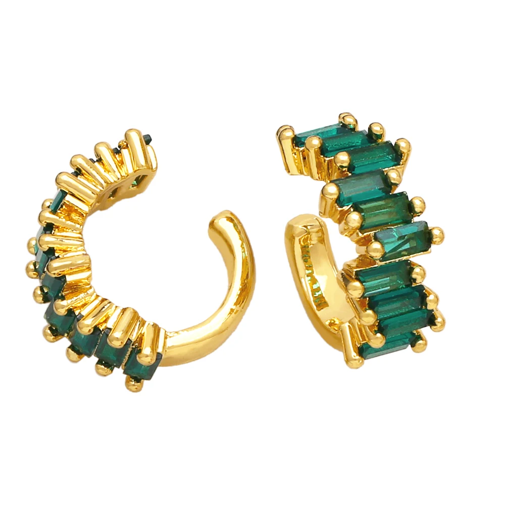 FLOLA Asymmetrical Gold Plated C Shape Clip Earrings For Women Copper CZ Green Crystal Earrings Clips No Piercing Jewelry ersu52