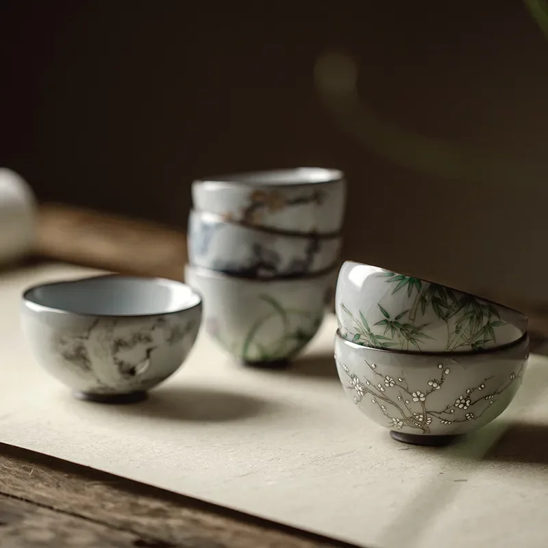 Hand Painted Blue and White Ceramic Master Cup Ru Kiln Pink Green Glaze Kung Fu Tea Set Single Small Teacup High End Large