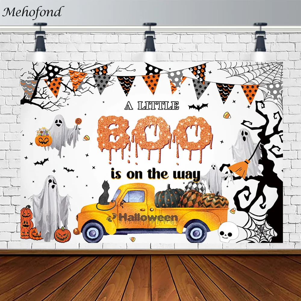 Mehofond Halloween Themed Backdrop A Little Boo Is on The Way Baby Shower Pumpkin Car Birthday Festival Photography Background