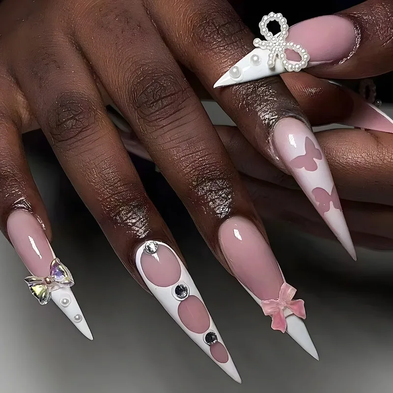 

24 Pcs French Nail Tip Sweet Pearls Bow Pink Nails To Stick False Nails with Sticky Tabs Extra Long Nails Press Ons with Design