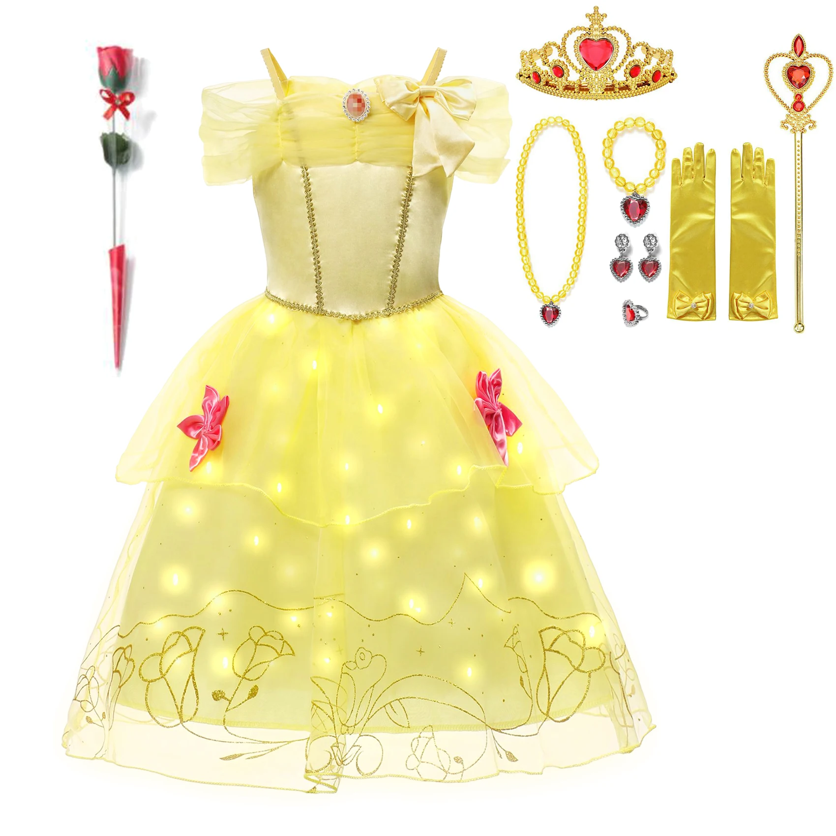 Disney Frozen Princess Elsa Anna LED Light Up Dress Girls Kids Cosplay Party Clothes Belle Rapunzel Luminous Aurora Prom Gown