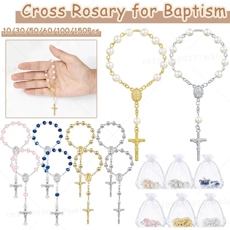 10-150Pcs Baptism Rosary Mini Rosary Favors Cross Rosary Memories Bracelet Bead with Organza Bag for Baptism Favors Christening
