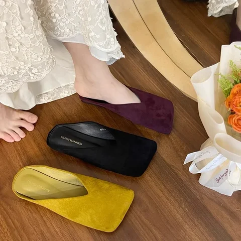 Женские замшевые туфли-лодочки на плоской подошве, тапочки с квадратным носком, повседневные сандалии, трендовые летние платья 202, шлепанцы, уютные шлепанцы Mujer