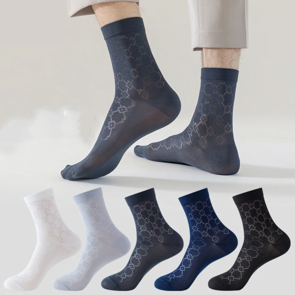 

5Pairs Lattice Men's Mesh Ice Silk Socks Fashion Hollow Out Simple Breathable Men's Ultra Thin Socks Business Hosiery