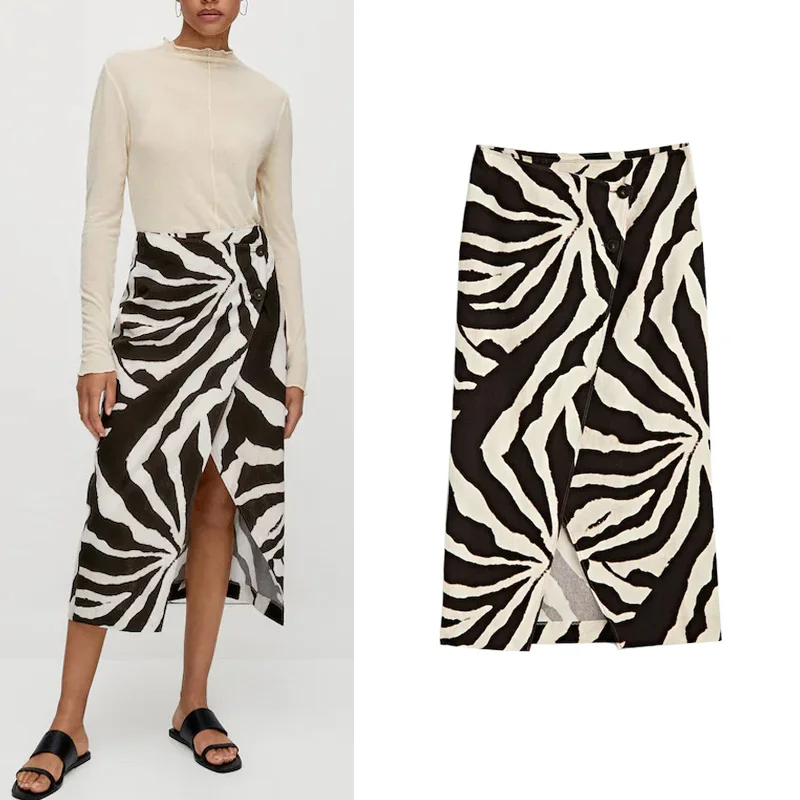 High Waist Midi Skirt MD Women's Fashion 2024 New Slim Fit Zebra Print Split Half Length Polyester Fiber Skirts for Women