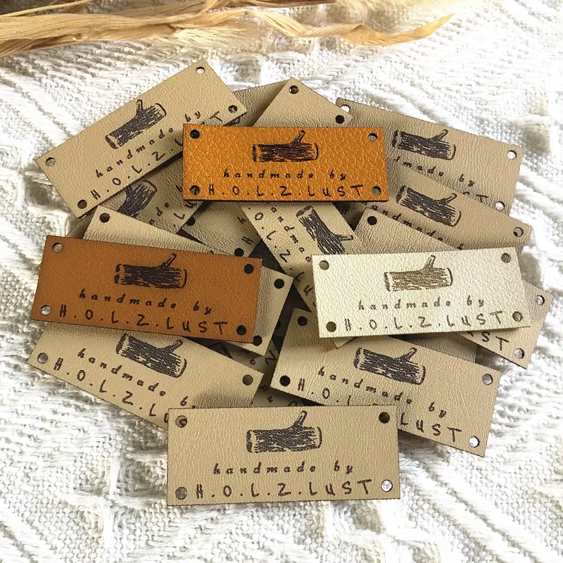 30pcs Custom leather label for knitting Crochet clothes handmade tags with text logo Rectangle sewing garment Blanket DIY labels