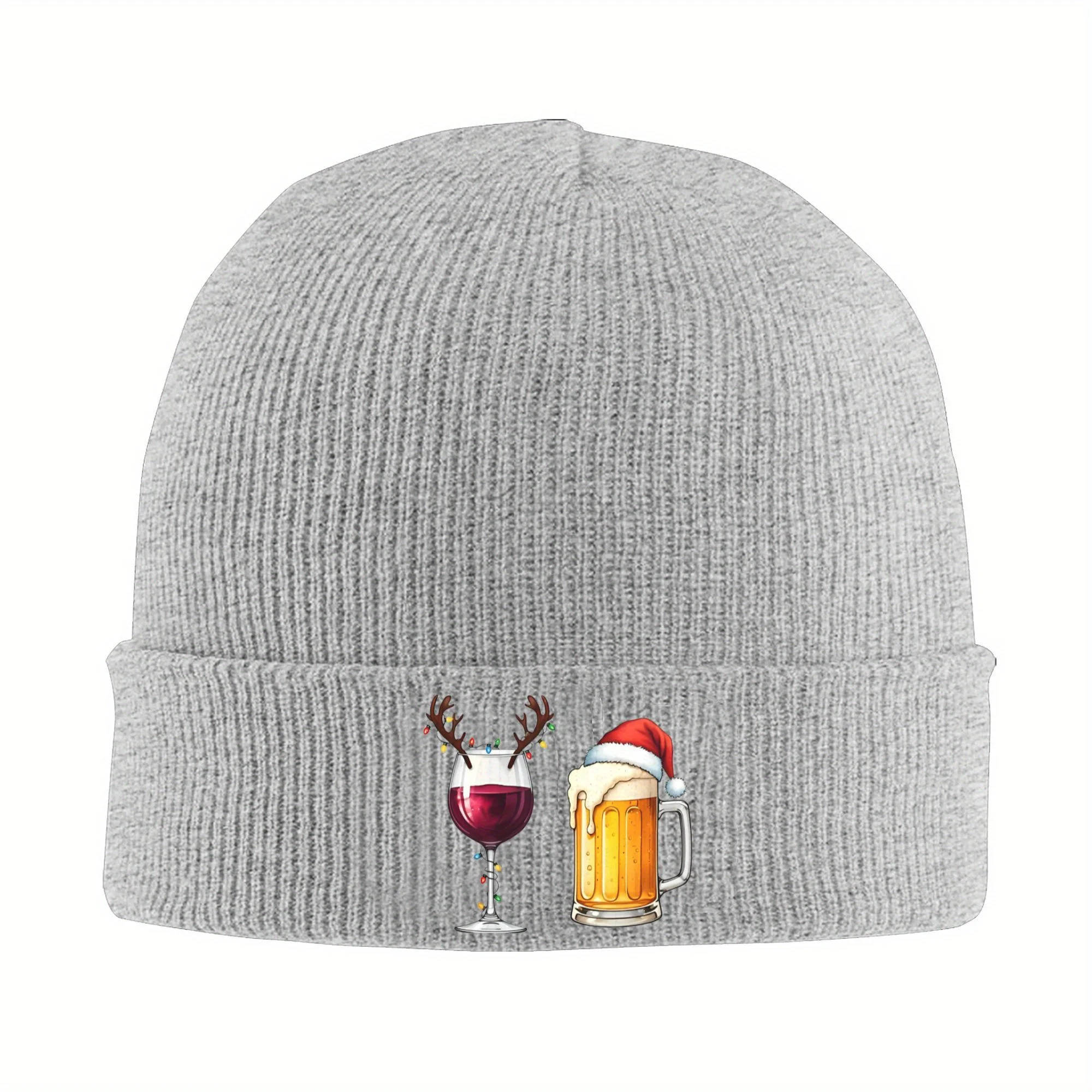 

1pc Santa Christmas Beanie Christmas Themed Acrylic Beanie with Santa, Reindeer and Beverage Cartoon Patterns Keep Warm