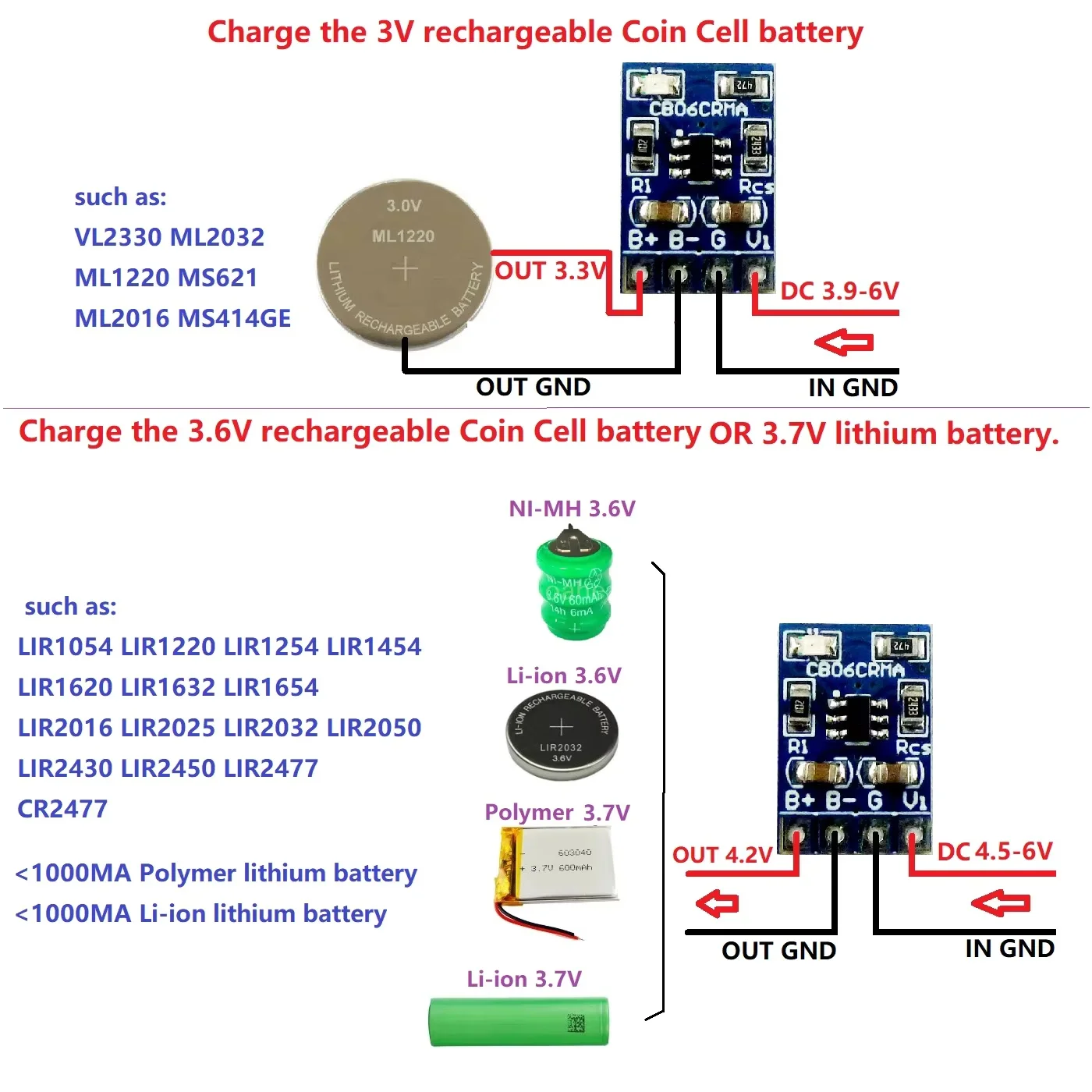 3V 3.6V NI-MH Ni-CD Li-ion Polymer Coin Cell Rechargeable Lithium Battery Charger for VL2330 ML2032 1220 LIR2016 2025 2032