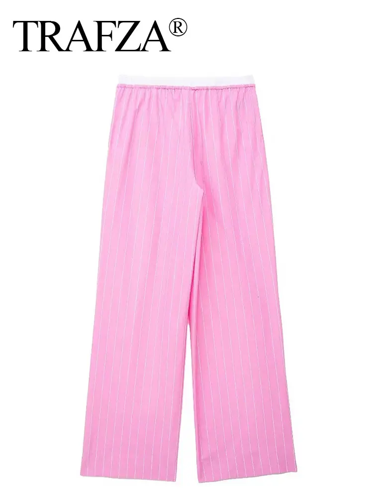 TRAFZA 2024 Women Fashion Pink Striped Patchwork Pant Casual Loose Drawstring Straight Pants Girls Sweet Pink Trousers TRAF