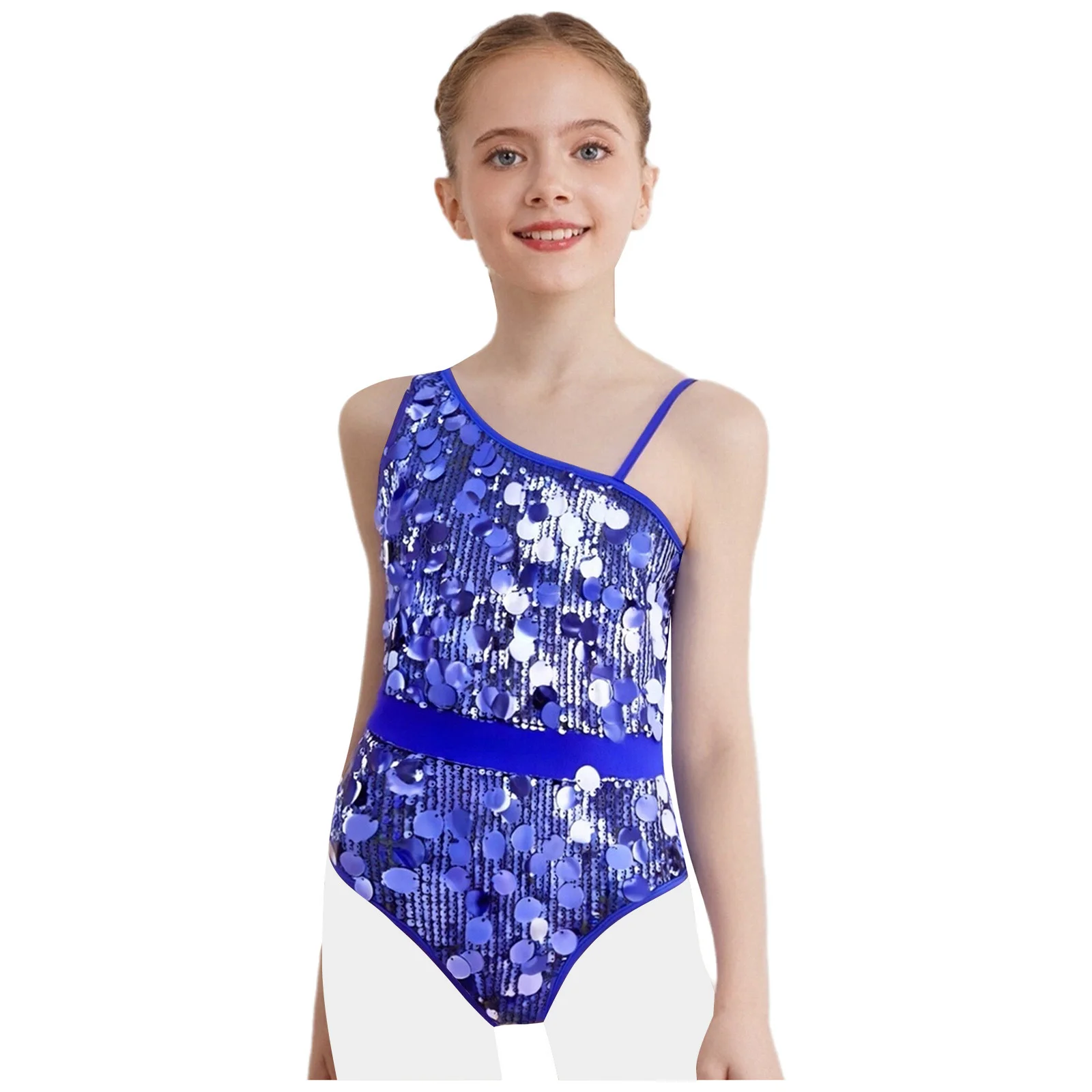 

Kids Girls Figure Skating Dance Costume Artistic Gymnastics Jumpsuit Sleeveless Ballet Leotard Sparkly Sequins Dance Bodysuit