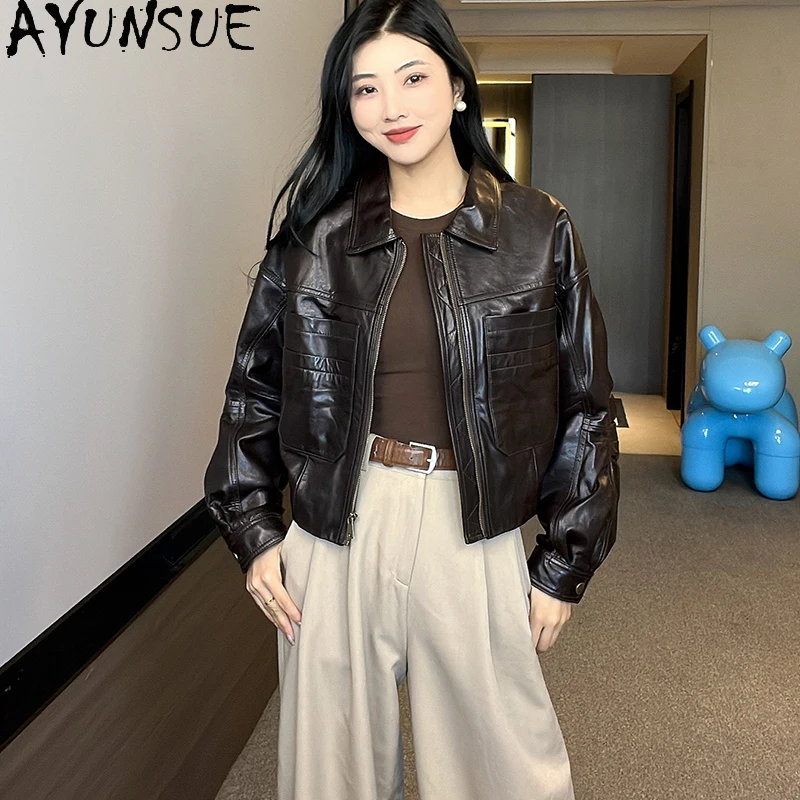 Ayunsue 100% genuíno pele de carneiro jaqueta feminina moda cera óleo jaqueta de couro mulher roupas 2025 outono alta qualidade abrigo mujer