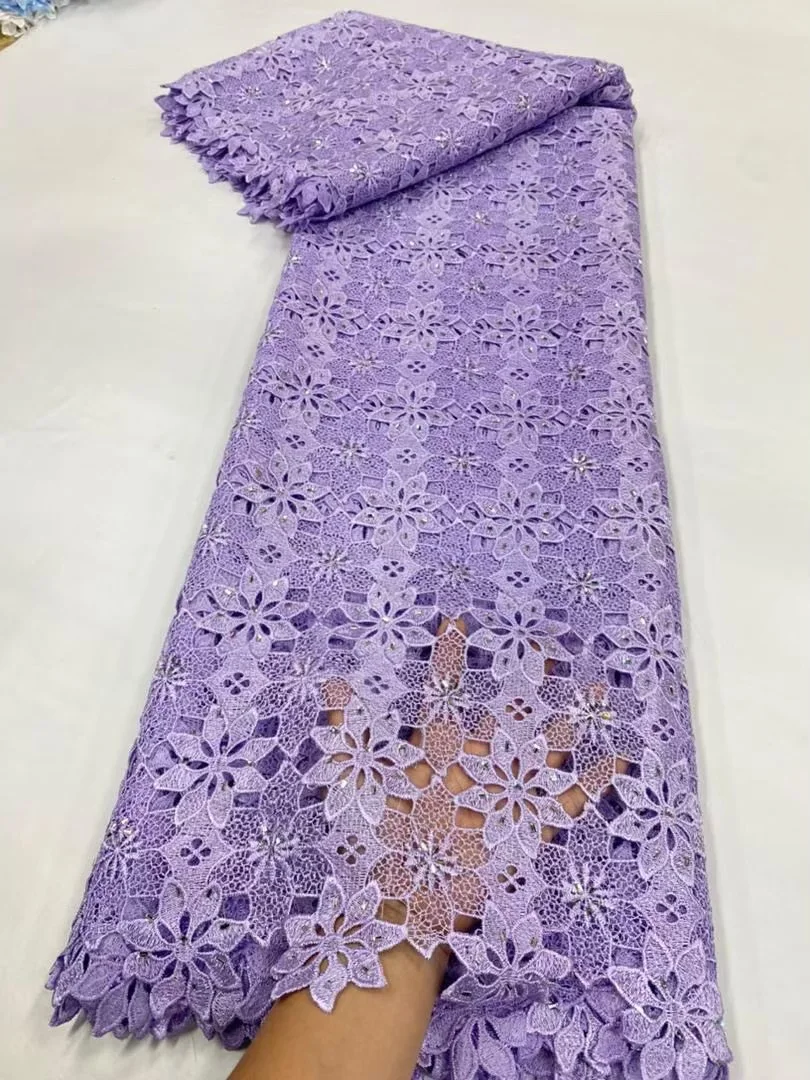 

High Quality 2025 African Cotton Fabrics Embroidery For Women 5Yards Wedding Dress Water Soluble Lace Rhinestone Fabric JL312