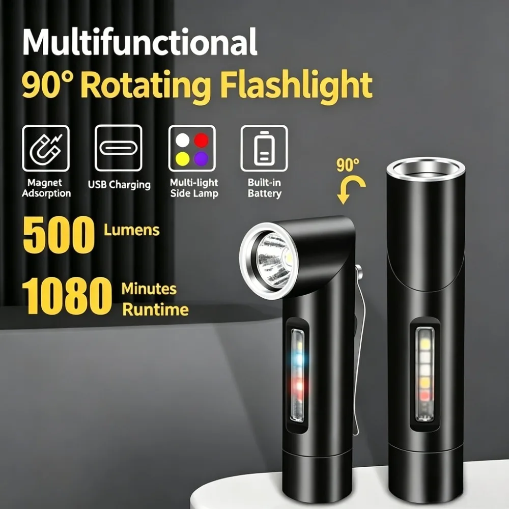 Mini LED Flashlight Type-C Rechargeable180° Rotatable Magnetic Keychain Torch Waterproof Household Inspection Outdoor Work Lamp
