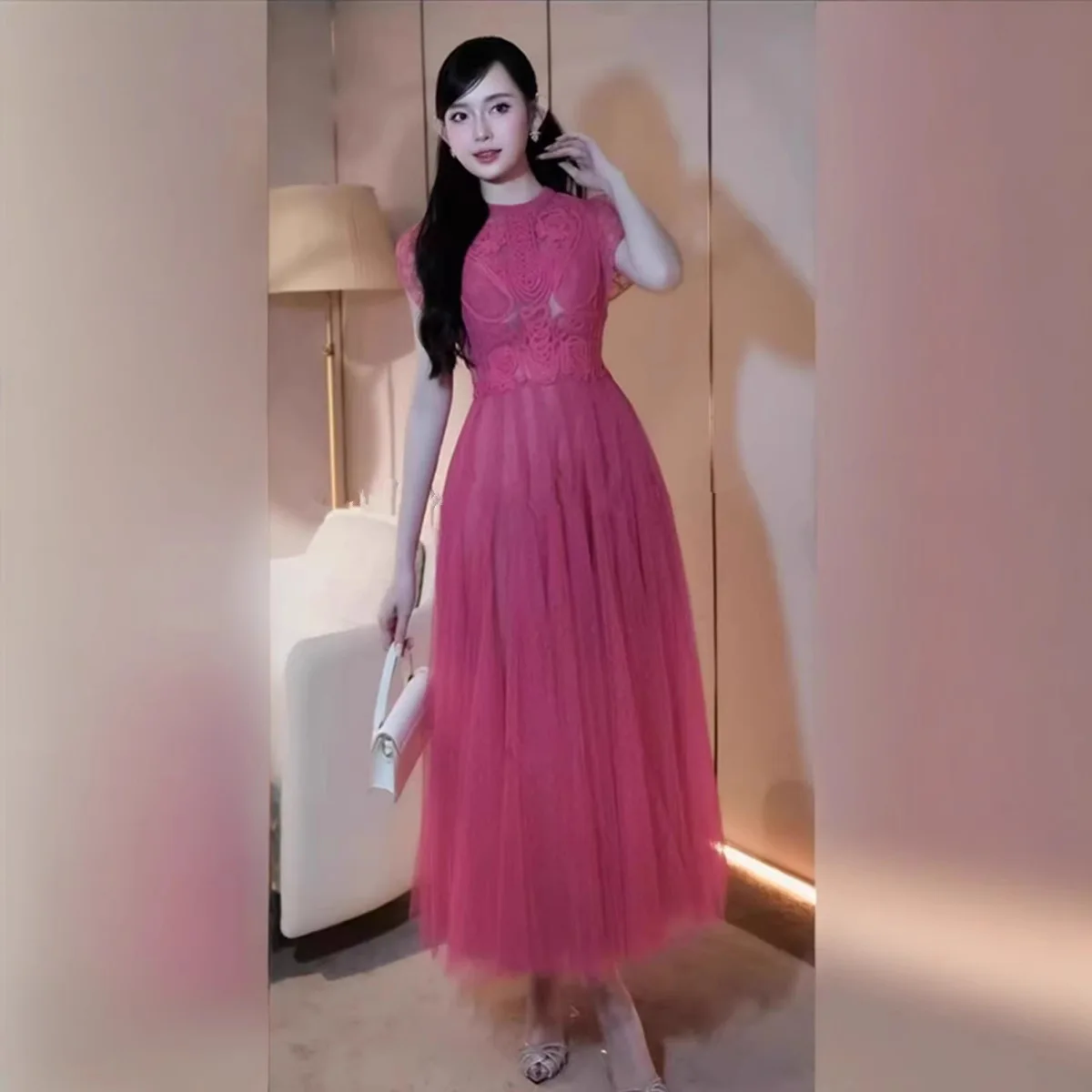 2025, modisches gewebtes dreidimensionales grafisches langes Kleid für Damen, fliegende Ärmel, Ballkleid, Gaze-Mesh-Kleid, Party