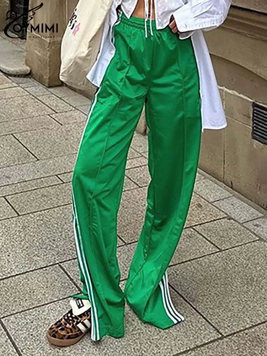 

Oymimi Fashion Green Print Women's Pants Elegant Drawstring Straight Trousers Casual Sdie Slit Full Length Pants Female Clothing