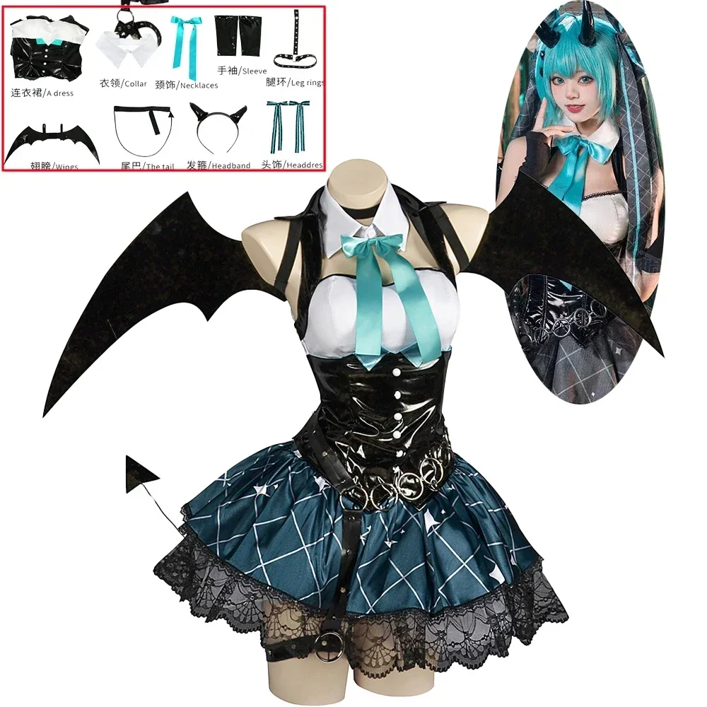 

Women Sexy Demon Miku Cosplay Costumes Anime Devil Hatsune Cosplay Uniform Dress Wigs Wings Suit With Horns Tail Halloween Party