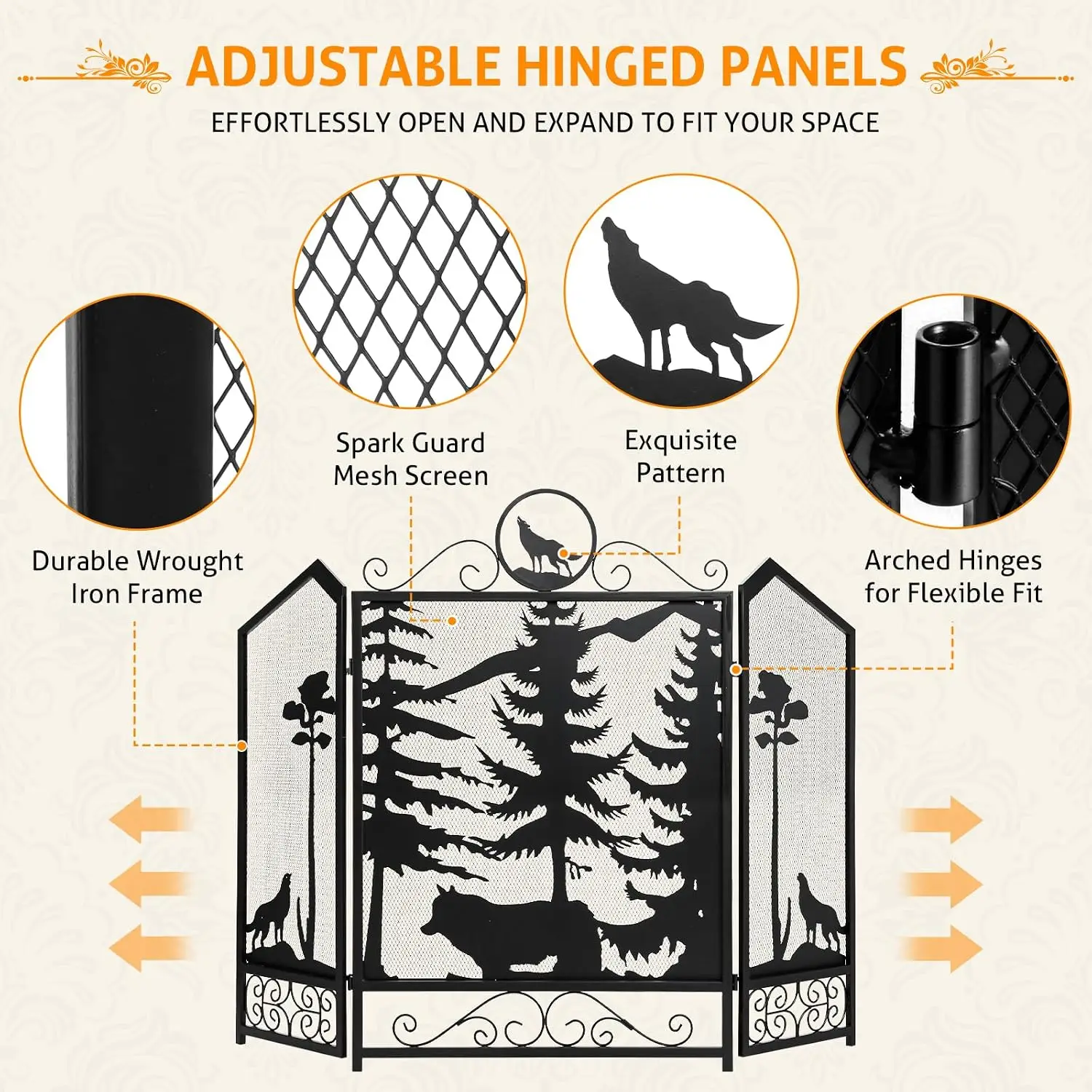 Fireplace Screen 44x33 Inch 3 Panel Fireplace Screen Black Wolf