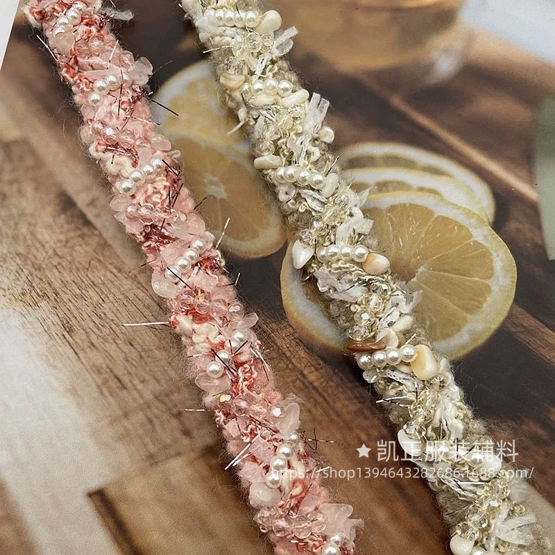 90cm new autumn and winter raw edge hand-beaded small fragrant pearl crystal stone lace hem cuffs webbing accessories