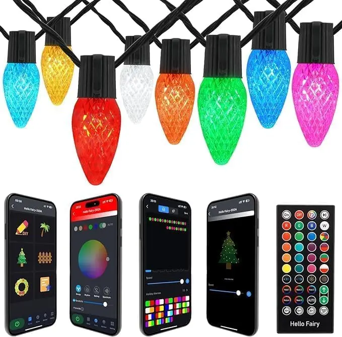 Smart C9 Christmas Outdoor String Lights, 197FT 200 LED RGB Color-Changing Lights with App Remote Control, Decoration