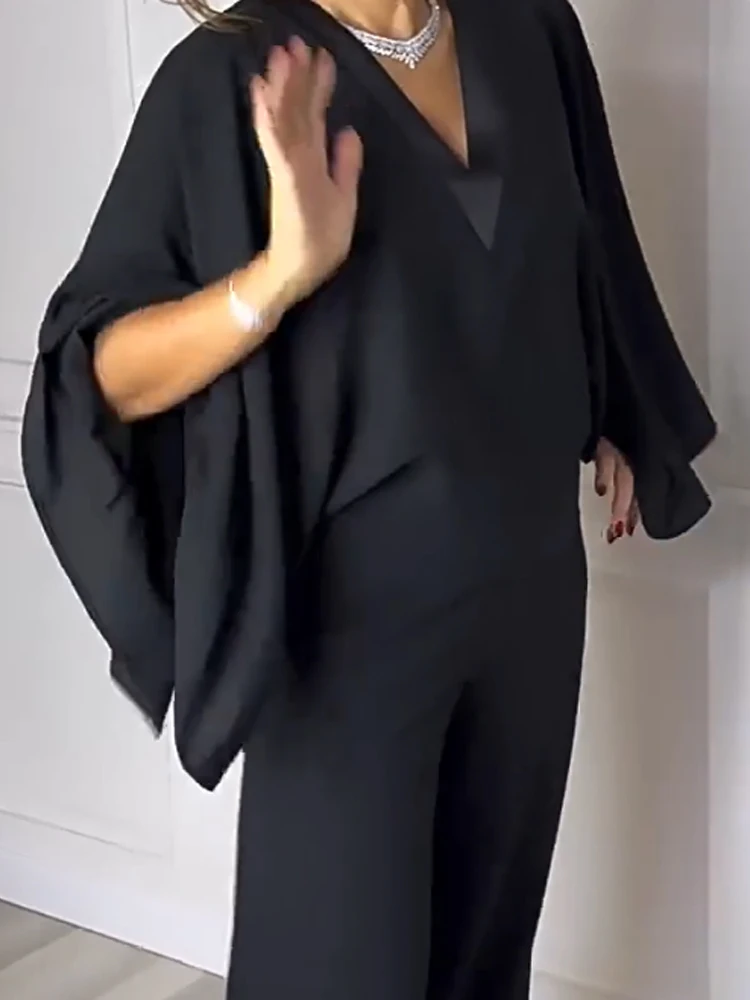 

Модный простой удобный длинный комбинезон, женский повседневный широкий леггинс, вечерние комбинезоны, сексуальный однотонный комбинезон с v-образным вырезом и рукавами «летучая мышь»