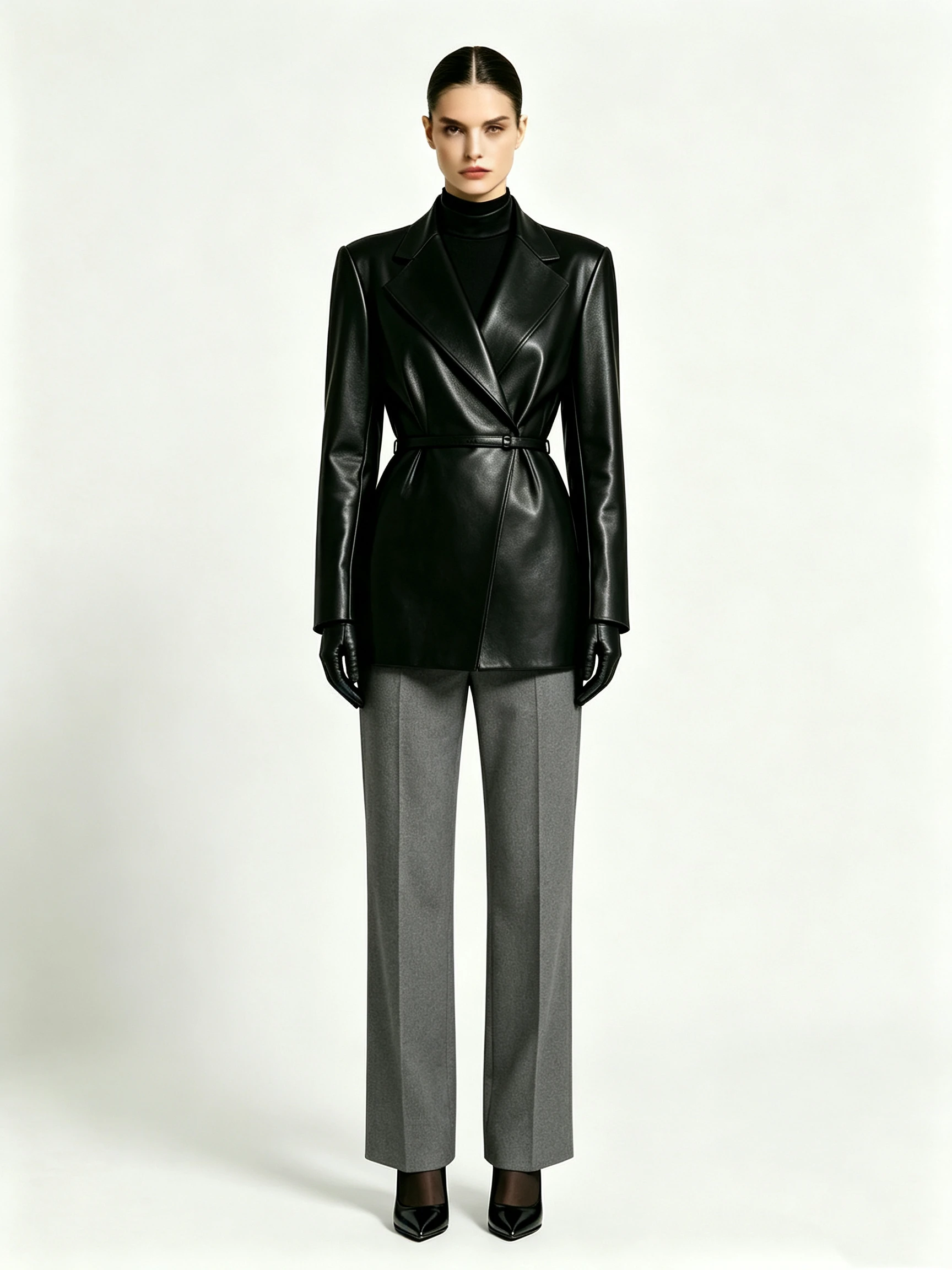 Women's Long Faux Leather Blazer with Wide Notched Lapel and Belted Waist