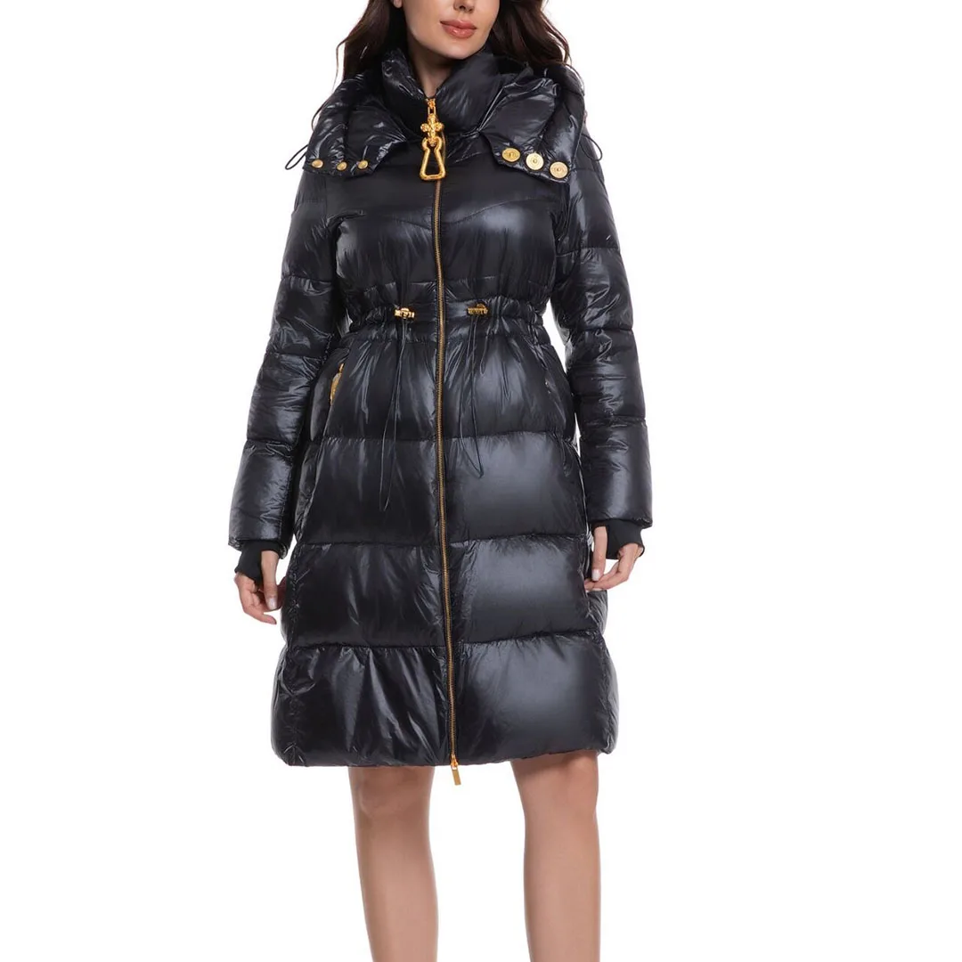 جديد الشتاء الأبيض بطة أسفل معطف طويل المرأة مقنعين أزرار الذهب سستة طويلة الأكمام الرباط الخصر النحيف سميكة الدافئة الرجعية سترة #2