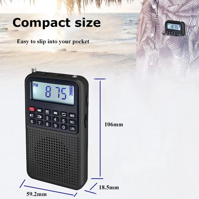 Mini Pocket FM Radio High Sensitivity Radios Receiver Portable Bluetooth Speaker Recorder with LED Light Support TF Card Headset