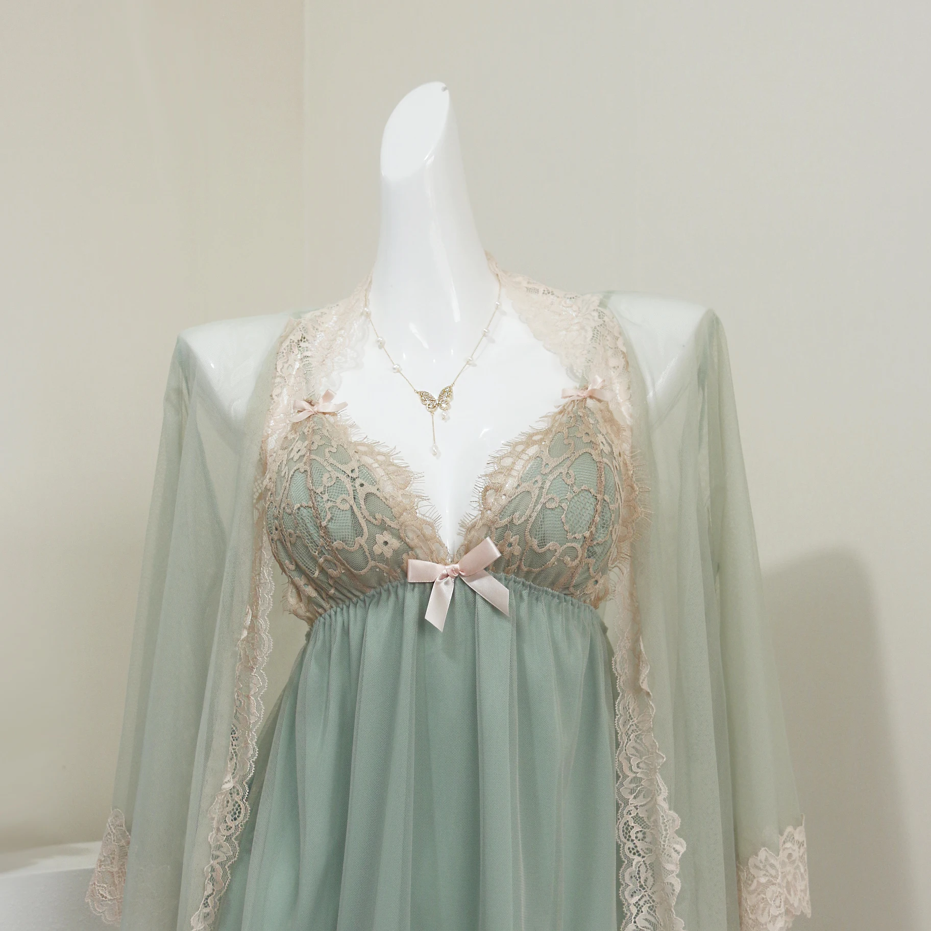 Women's Sexy Bathrobe Set Mesh Solid Lingerie Lace Ladies 2 Pcs Nightdress and Robe V Neck Backless Nighty for Female Sleepwear