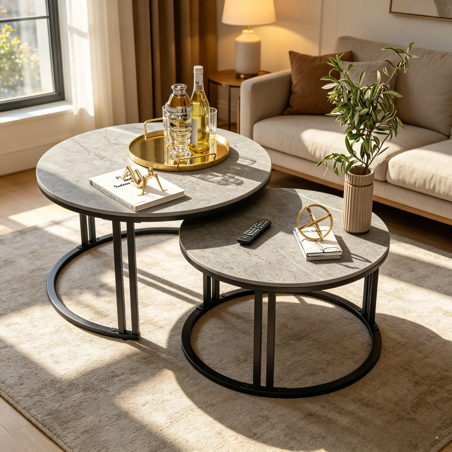 Lot de 2 tables basses rondes grises, tables d'appoint gigognes avec plateau en pierre frittée, tables d'appoint empilables pour salons et appartements