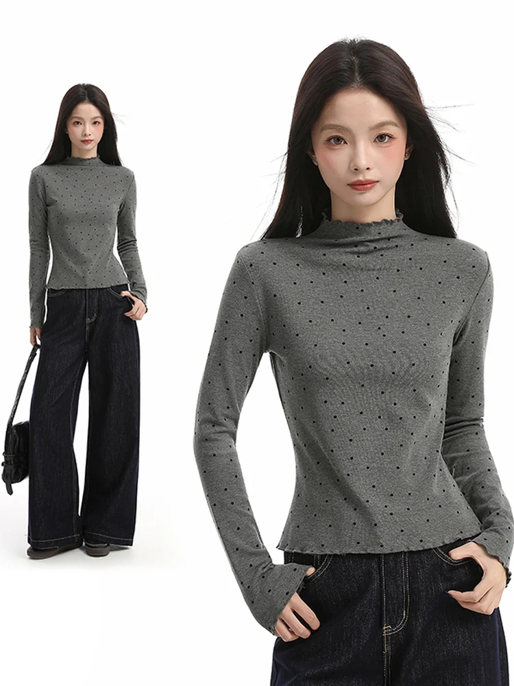 Women's Polka Dot Half High Collar Velvet Base Shirt Autumn Winter Unique Exquisite Inner Wear T-Shirt Sleeve Long Printed