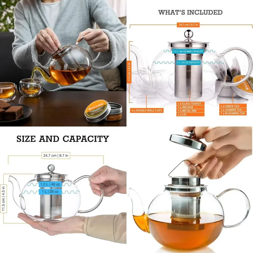 

Glass Teapot Set with 4 Double Wall Teacups & Removable Stainless Steel Infuser - Microwave Dishwasher Safe Clear Blooming Loose