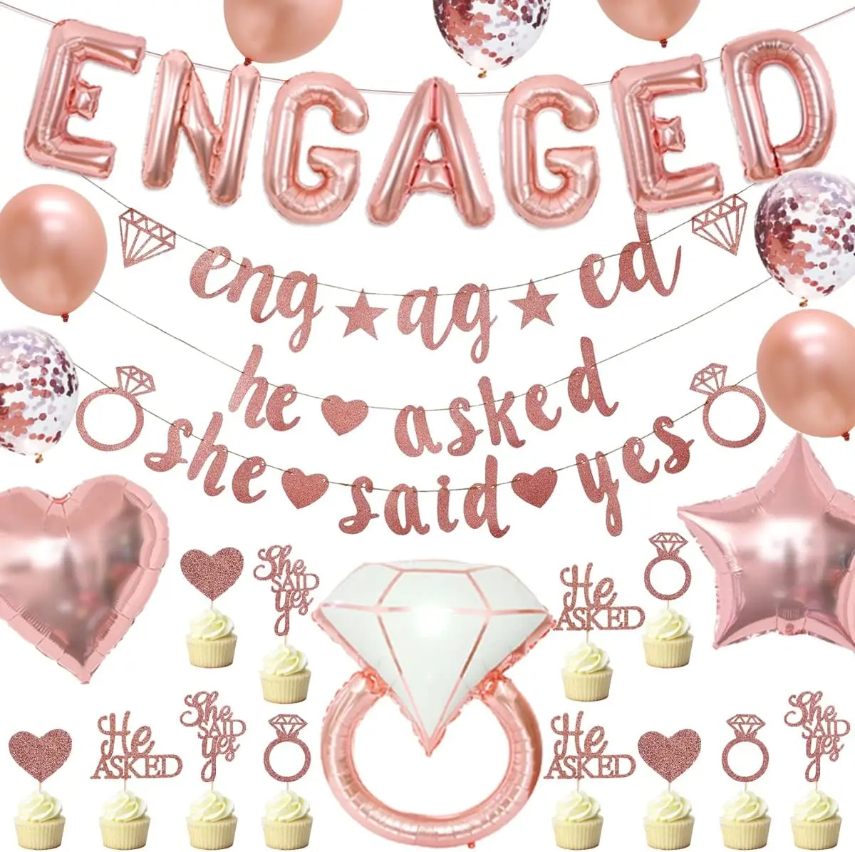 Engagement Party Decorations Rose Gold He Asked She Said Yes Banner Cupcake Toppers Engaged Balloons for Wedding Decorations