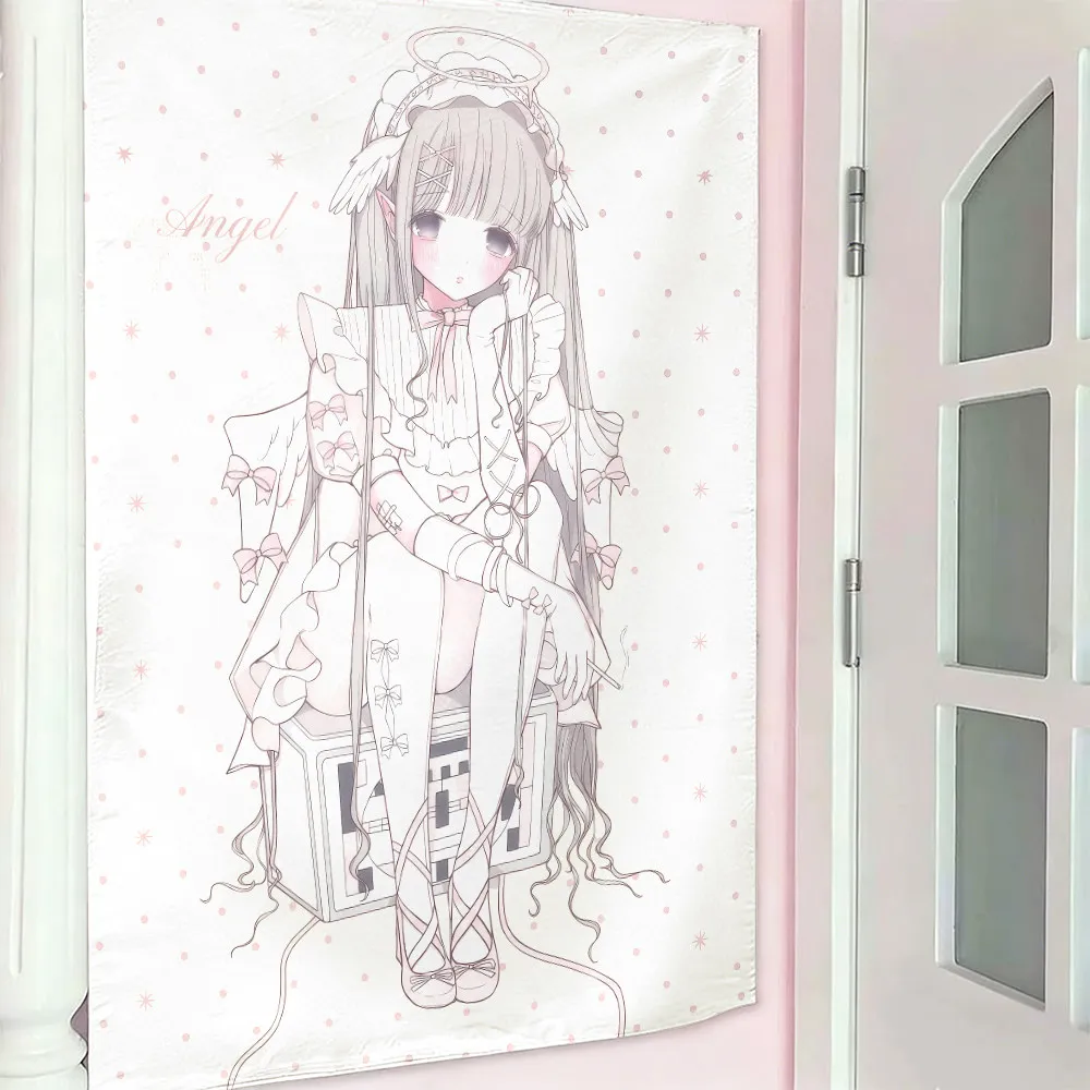 VIKAMA Sketch Angel Lolita Girl Wall Tapestry Pink Polka Dot Wall Hanging Soft Line Art Print Dorm Bedroom Aesthetic Decor