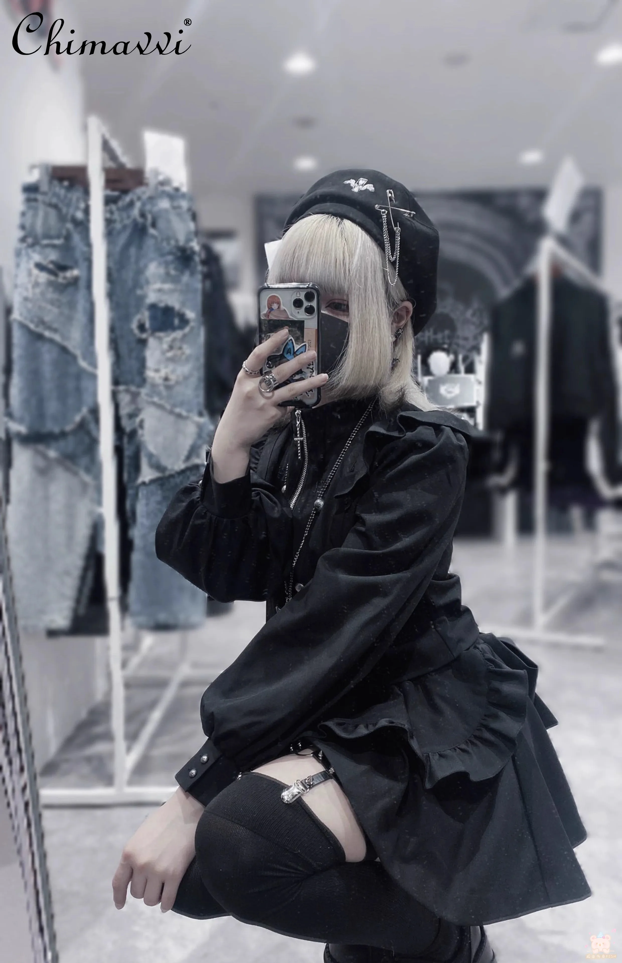 Harajuku Japanese Mine Women gonna set autunno Gothic Maid Stand Collar manica lunga Zipper Jacket Coat Cute Shirt 2 pezzi Suit