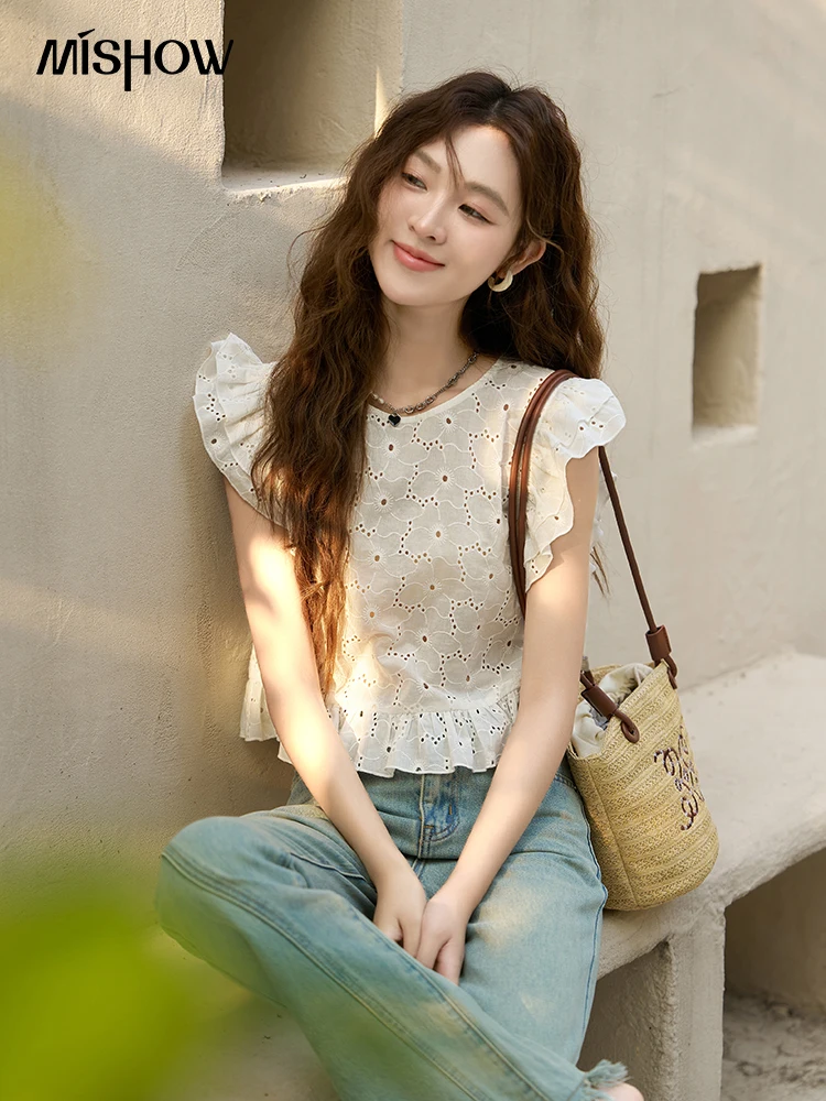 MISHOW Lace Blouses 2023 Summer French 100 Cotton Sweet Flying Sleeve Solid Sleeveless Hollow Out Female O Neck Tops MXC38X0059