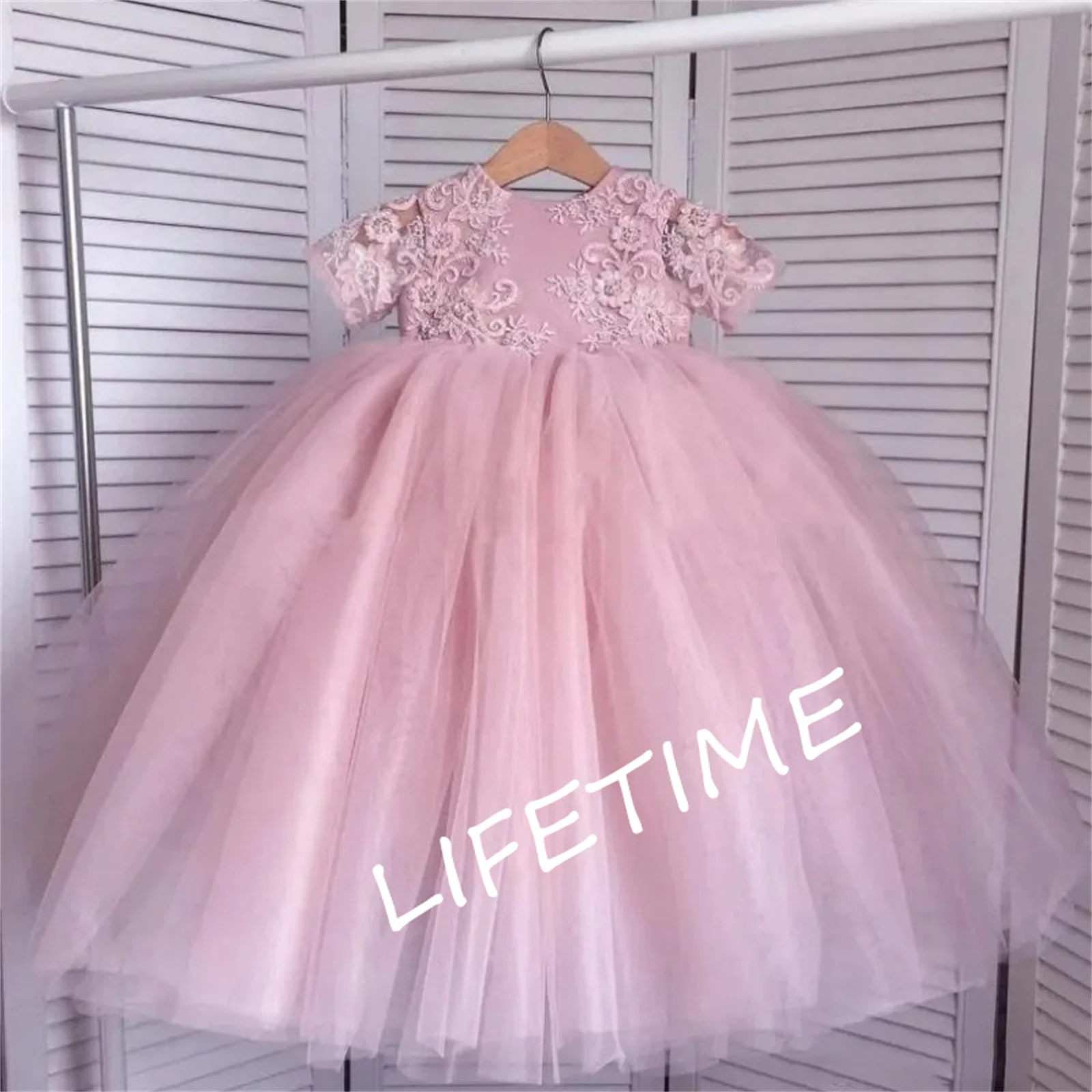 Flower Girls Dresses Pink Tulle Puffy Appliques With Big Bow Short Sleeve For Wedding Birthday Party First Communion Gowns