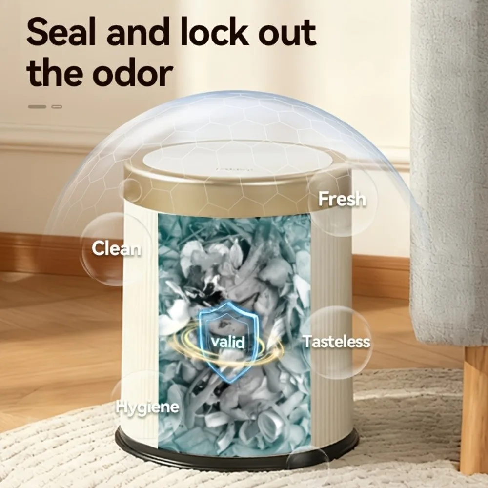 Luxury Press Type Kitchen Trash Can with Lid Odor-Sealing 12L Garbage Bin Gold Rim Ridged Body Living Room Dustbin Home Office