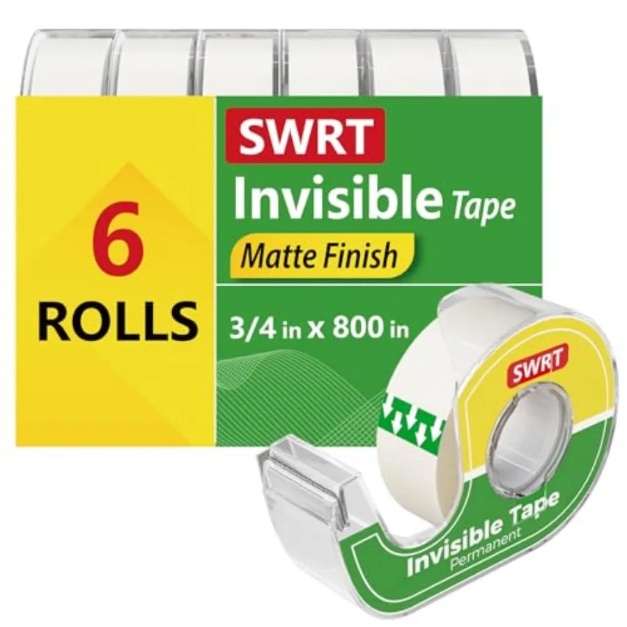 

Invisible Tape with Dispensers, Matte Finish Clear Tape, 6 Rolls, 3/4 in x 800 Inches Each, Office Tape Rolls for Gift Wrapping