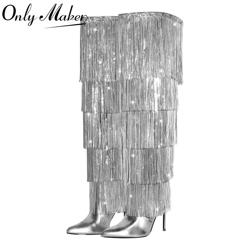 

Onlymaker Women Sliver Pointed Toe Fringe Metallic Slim Over The Knee Boots Stiletto Dance Sexy Thigh Boots