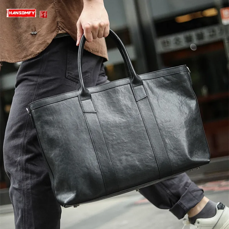 Soft Black Genuine Leather Men\'s Handbags Cowhide Large Capacity Computer Tote Bag Briefcase Shoulder Crossbody Travel Bags