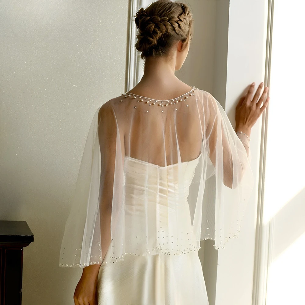 Xale de noiva com miçangas, bonés de pérolas, bolero feminino, roupas de casamento, acessórios de casamento, adereços para festa de casamento