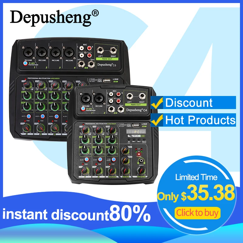 

Audio Mixer Depusheng C4/6Channel Sound Mixing Console Bluetooth USB Recording Computer Playback 48V Phantom Power Delay Repaeat