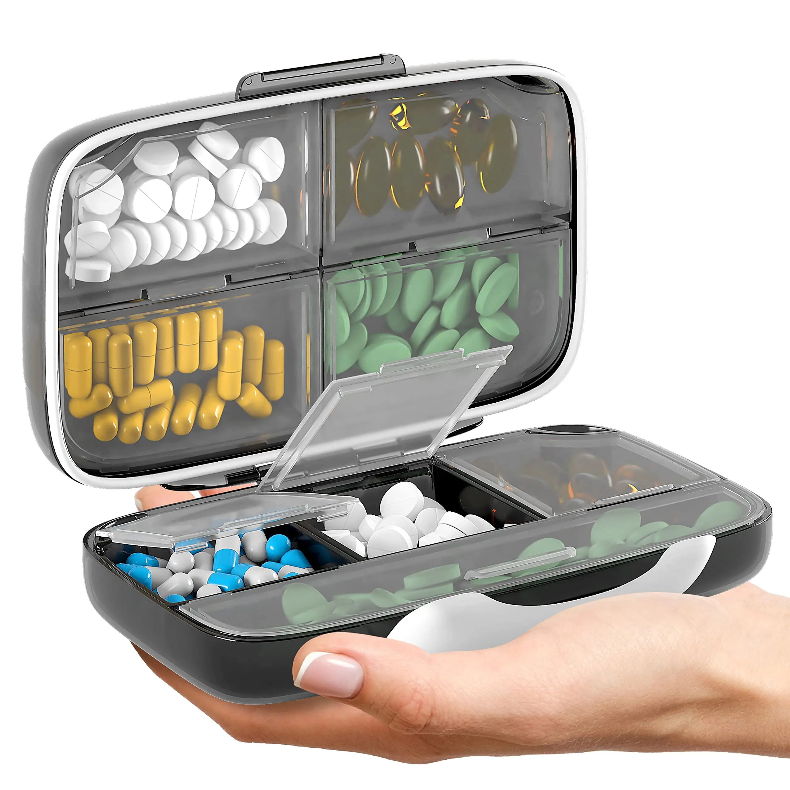 

Travel Pill Organizer Large Portable Medication Dispenser 7&8 Compartment Pill Box Airtight Moistureproof Daily Medicine Sorter