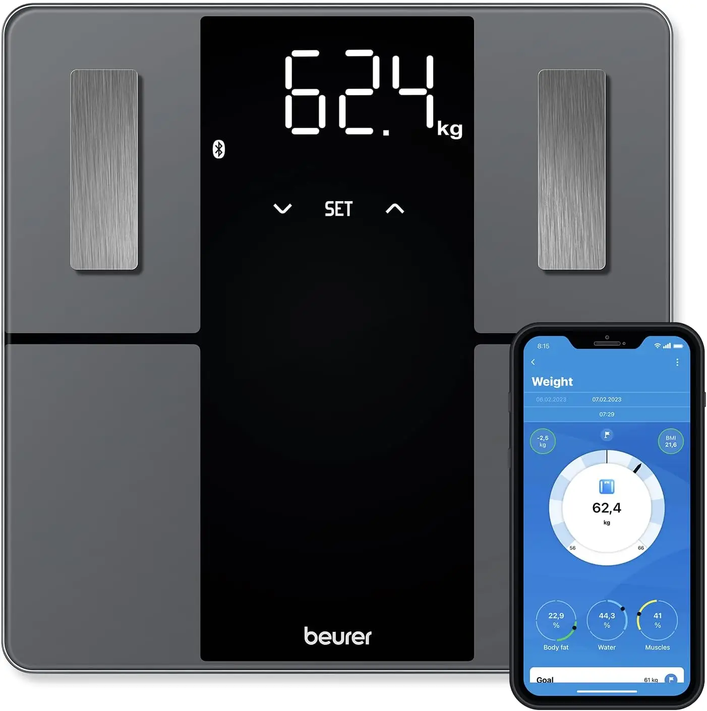 

Умные весы для анализа состава тела с Bluetooth и приложением, измеряют вес, жировую массу, мышечную массу, потребность в калориях, до 180 кг, большой дисплей