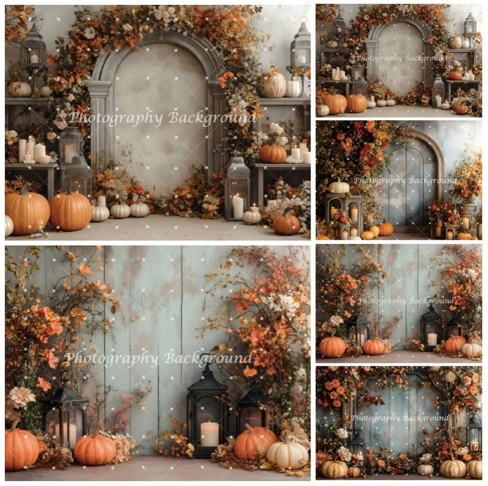 Sfondo per interni autunnali Parete in legno rustico Foglie d'acero Decorazione di zucca Festa di compleanno autunnale Ritratti di famiglia Sfondo di decorazioni per la casa