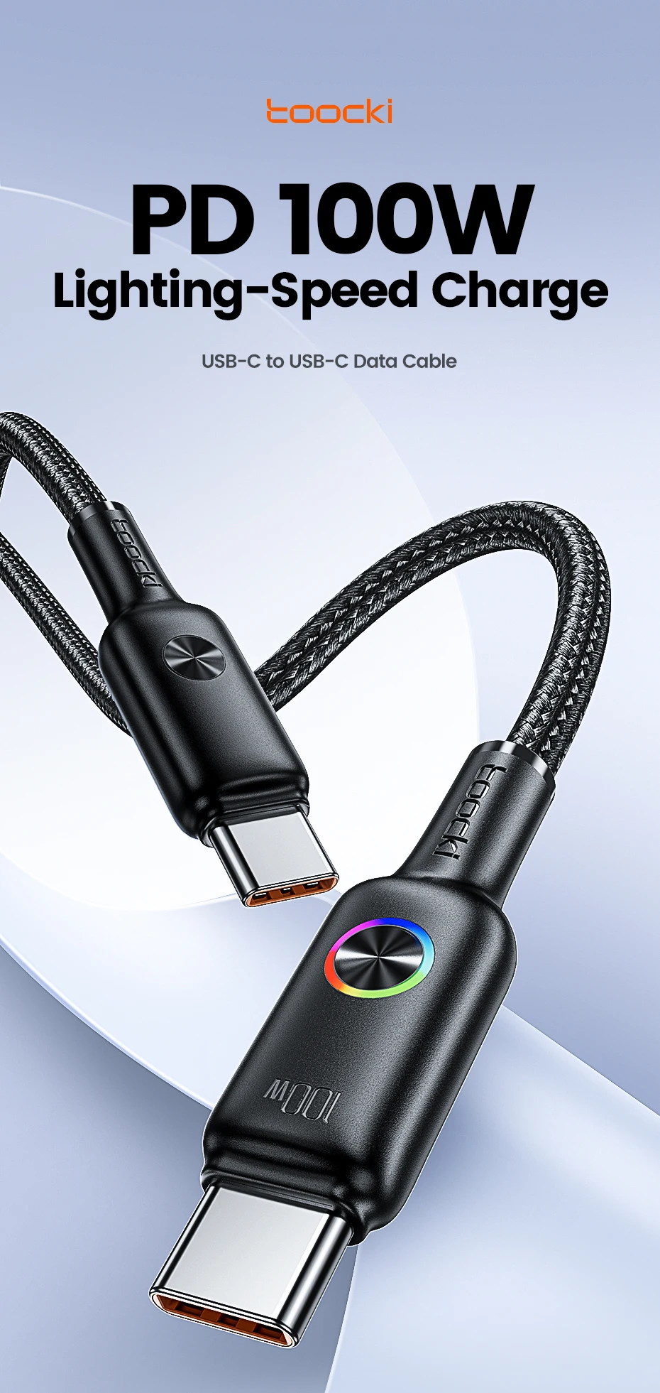 Toocki 3er-Set 100W USB-C Kabel Typ C PD3.0 mit LED-Anzeige für schnelles Laden – für iPhone 17/16, Xiaomi, Huawei, MacBook – 5A Typ-C Datenkabel – Detail 1