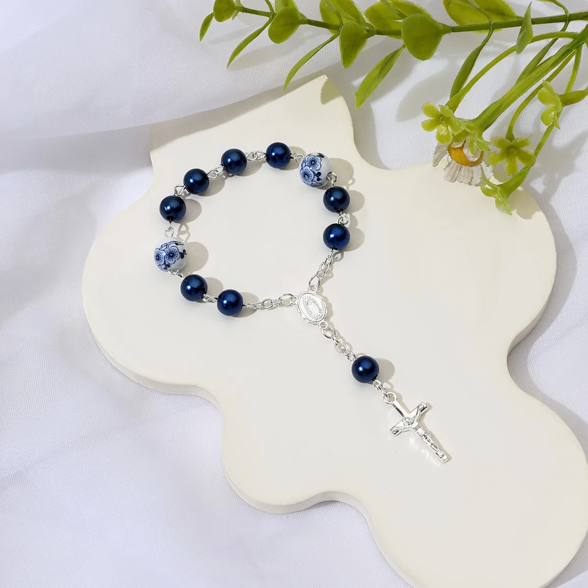 10/20/60 Sets Dark Blue Baptism Mini Rosaries + Muslin Bags for Baptism Baby Shower First Communion Wedding & Party Favor