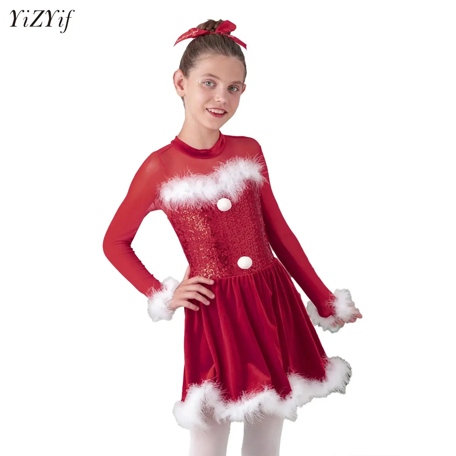 

Christmas Dance Tutu Dress for Girls Elf Santa Ballet Dance Leotard Figure Skating Dress Sequin Competition Performance Costume