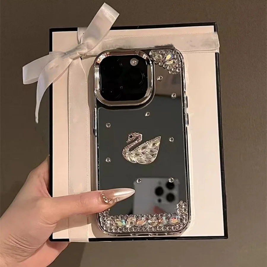 Silver luxury Mirror Set With Diamond Swan Case For iPhone 11 12 13 14 15 Pro Max Simple Luxury For Girls